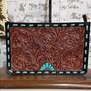 Brown and Turquoise Floral Embossed Clutch